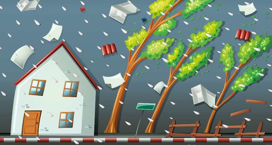 Illustration of a storm impacting a home and surrounding environment