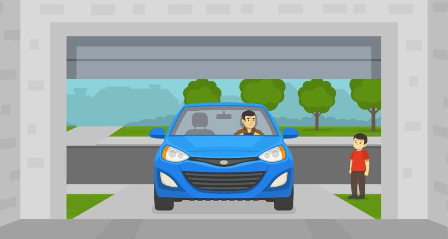 Graphic of a resident driving into the garage with a child looking on.